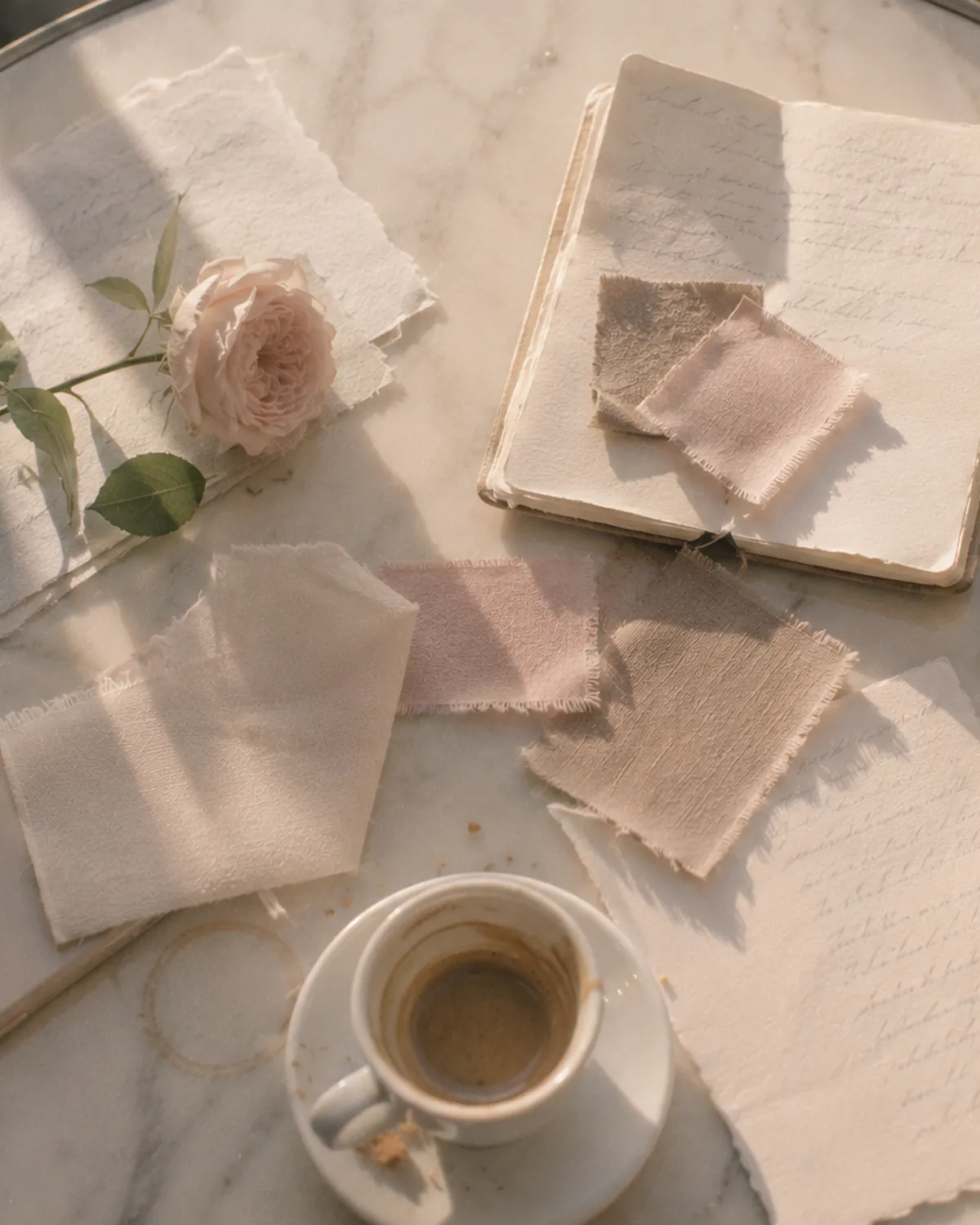 Sunlit Paris café marble table with handmade paper, silk ribbon swatches, a rose, an espresso and a phone — the many bookings a Paris elopement needs.