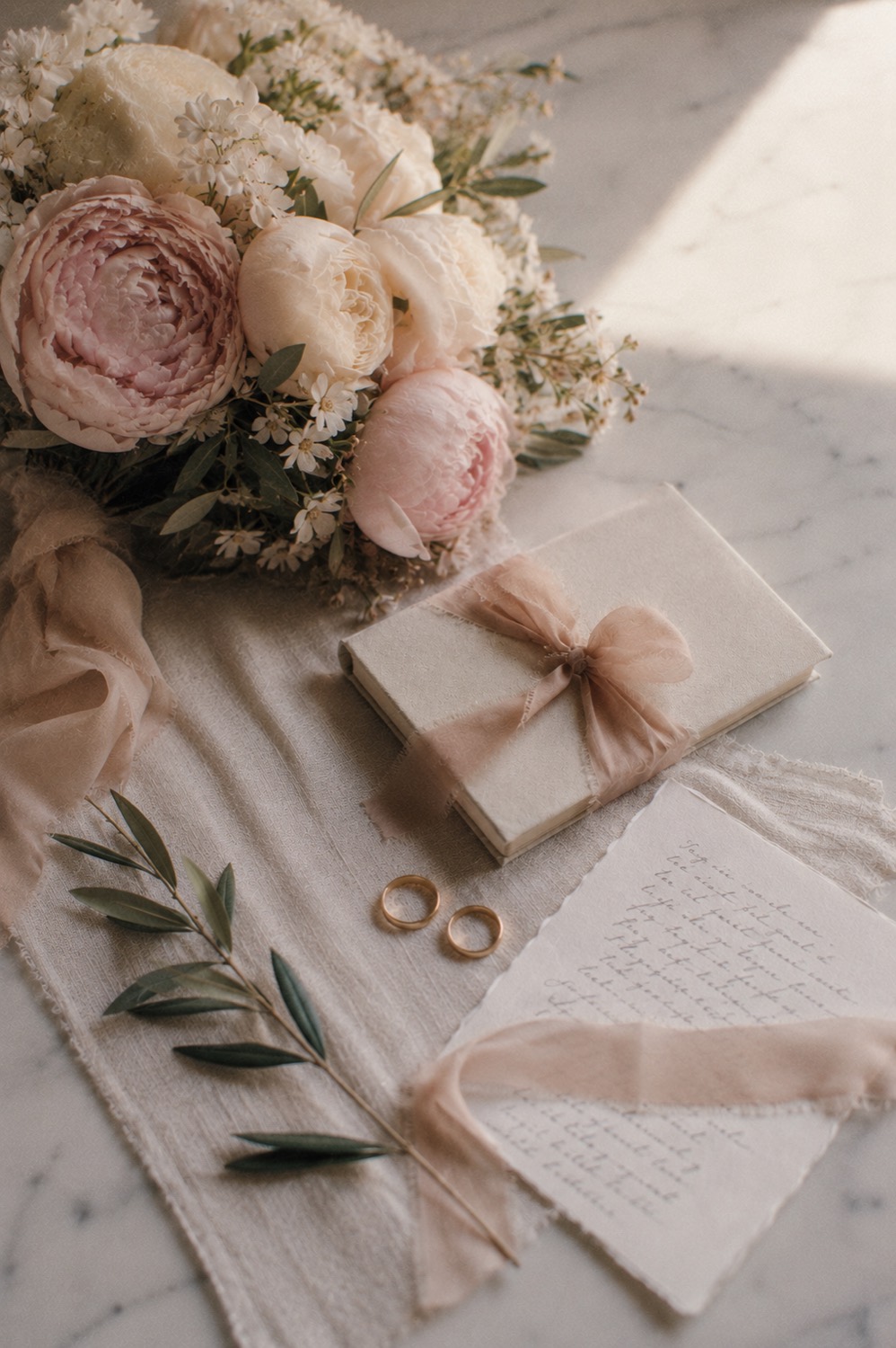 A Paris elopement flat lay: a peony bouquet, two gold wedding rings, and handwritten vows on fine paper.