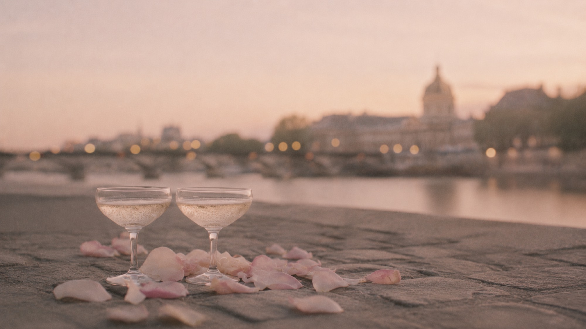 Two champagne coupes on the Seine embankment at sunset, rose petals on the cobblestones.