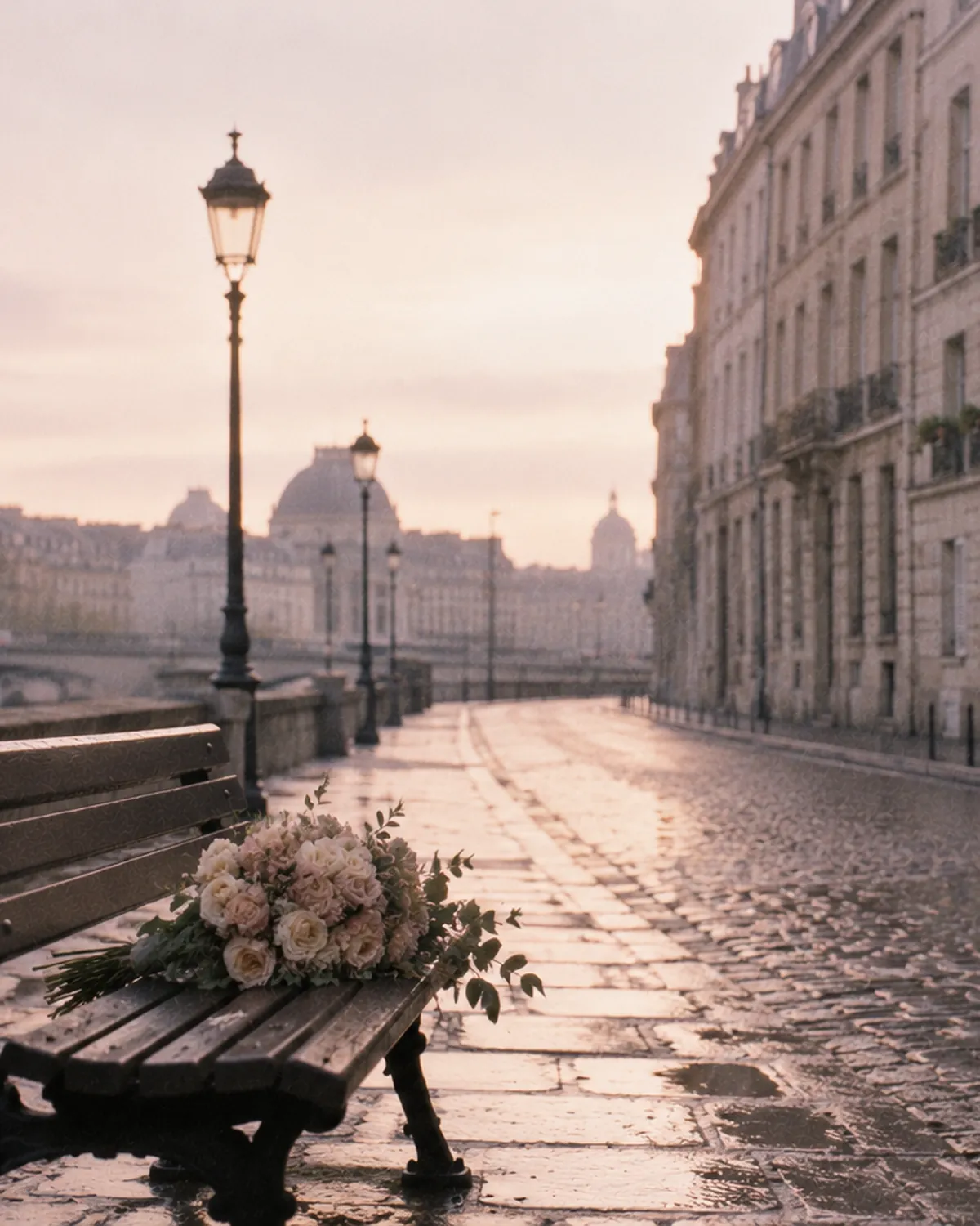 A bridal bouquet resting alone on a wooden bench on an empty, rain-washed Paris street at dawn.