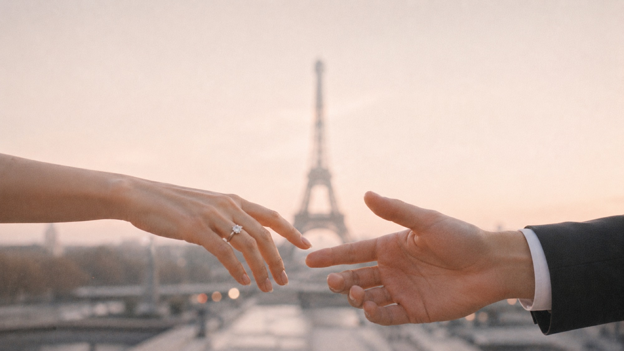 Two hands reaching toward each other, an engagement ring on one, the Eiffel Tower behind at golden hour.