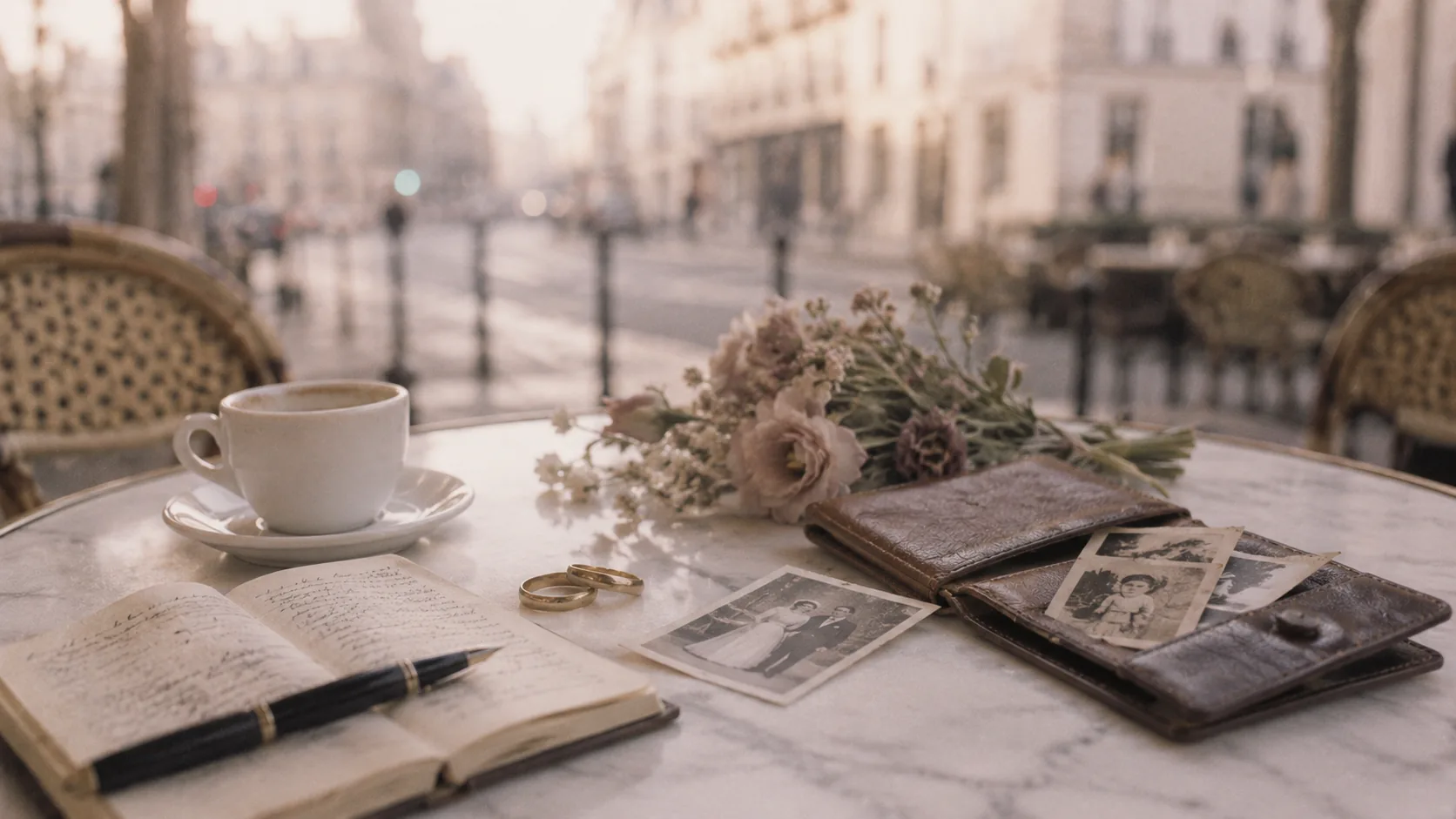 A Paris café table at golden hour with two gold rings, a bouquet, an open journal, and old black-and-white family photographs kept as marriage keepsakes.