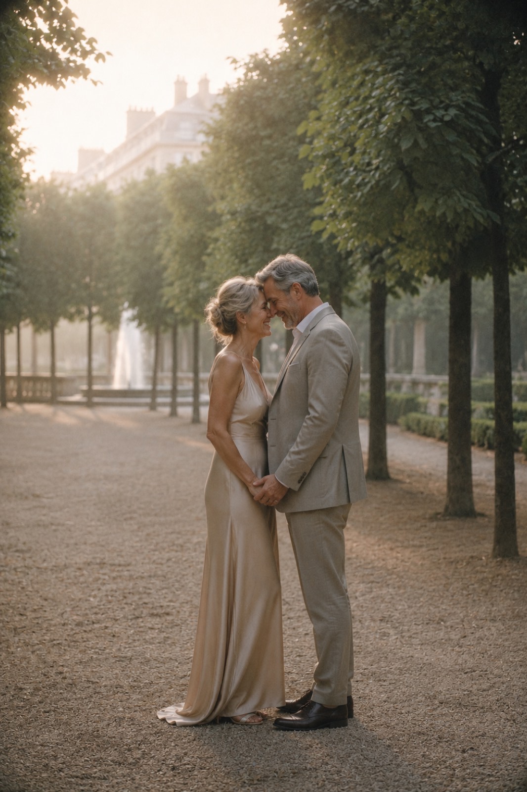 A couple standing close, forehead to forehead, in a tree-lined Paris garden at golden hour.