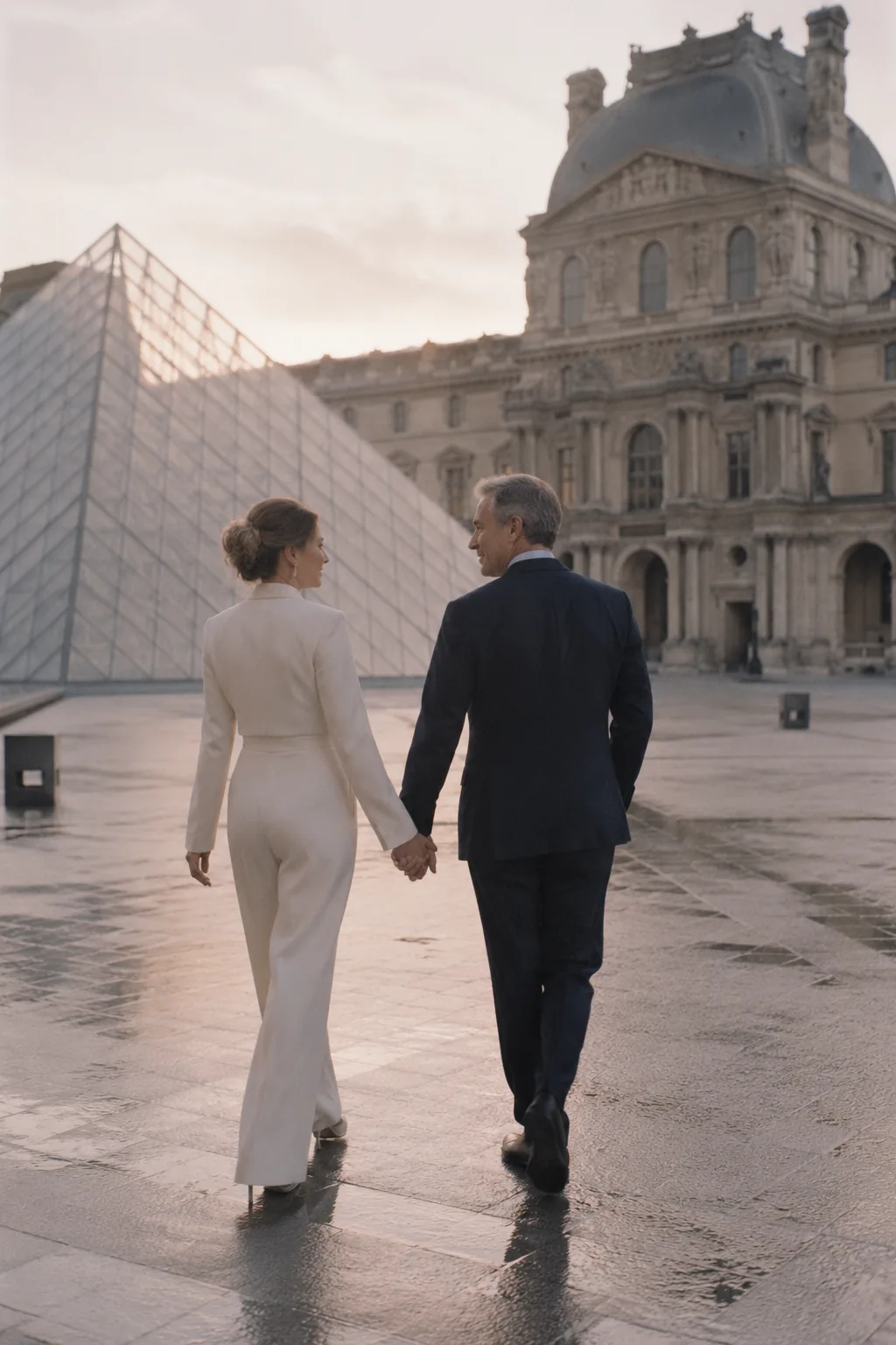 A couple walking hand in hand across the empty Louvre courtyard toward the glass pyramid at golden hour, seen from behind.